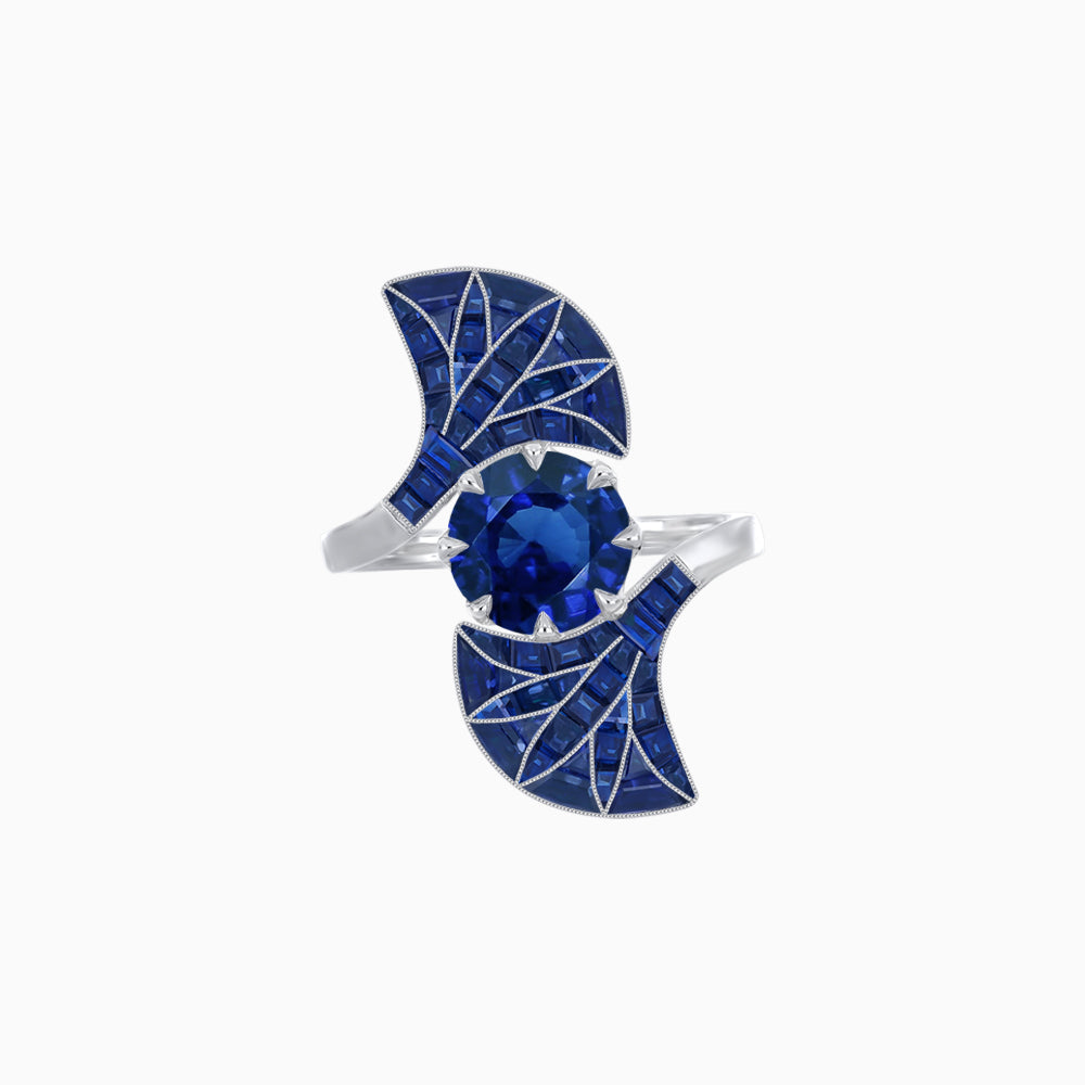 Art Deco Style Fan Motif Ring with Round Center Stone and Calibre-Cut Gemstone Accents