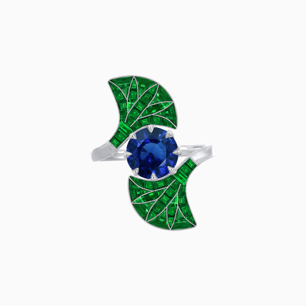 Art Deco Style Fan Motif Ring with Round Center Stone and Calibre-Cut Gemstone Accents