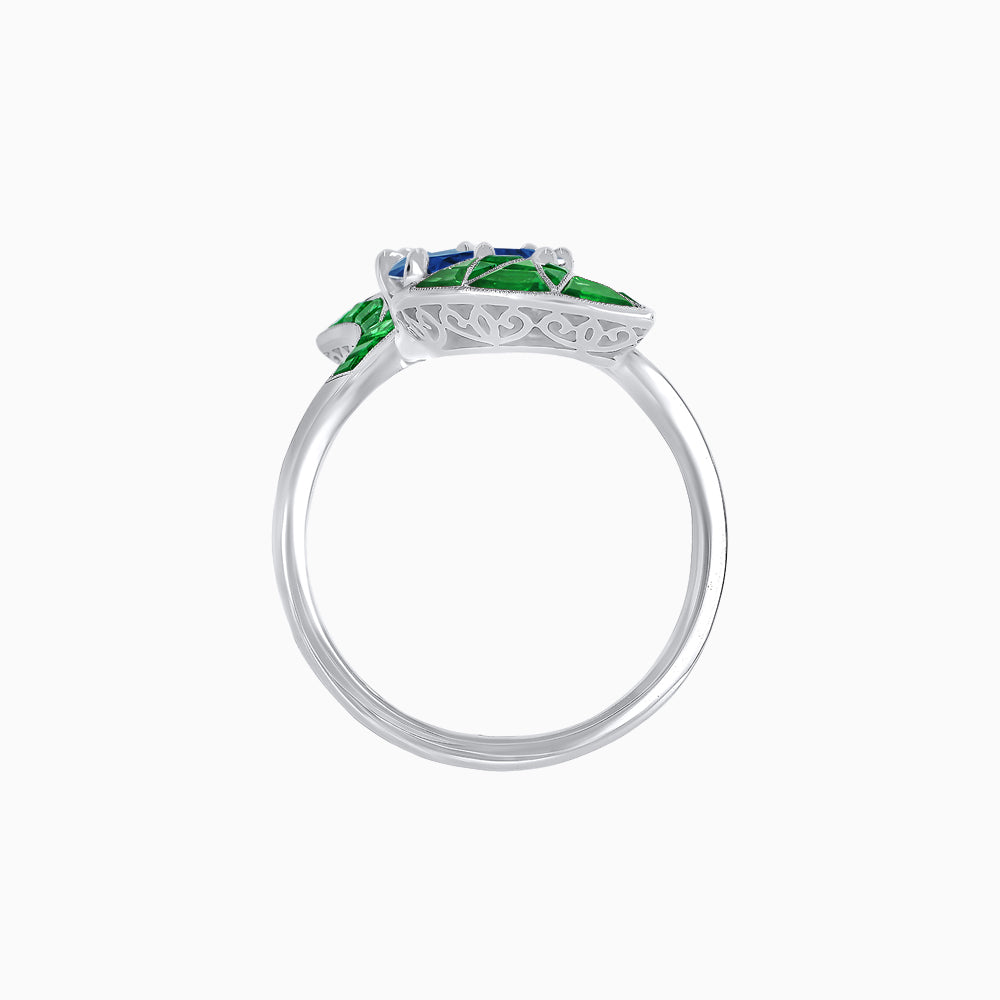 Art Deco Style Fan Motif Ring with Round Center Stone and Calibre-Cut Gemstone Accents