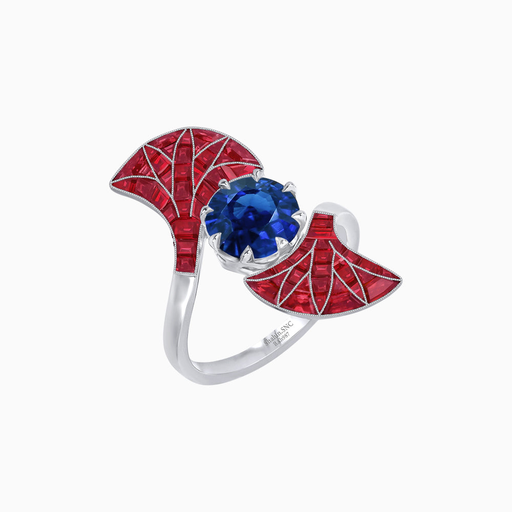 Art Deco Style Fan Motif Ring with Round Center Stone and Calibre-Cut Gemstone Accents