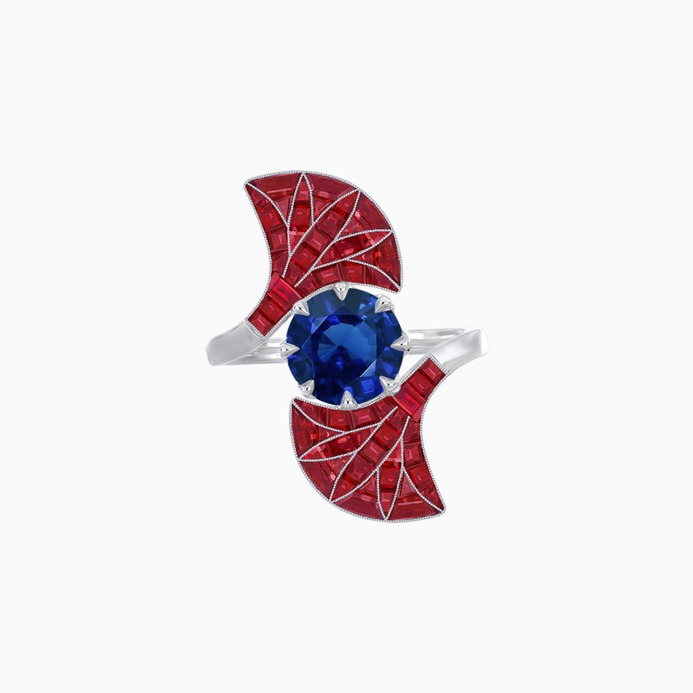 Art Deco Style Fan Motif Ring with Round Center Stone and Calibre-Cut Gemstone Accents
