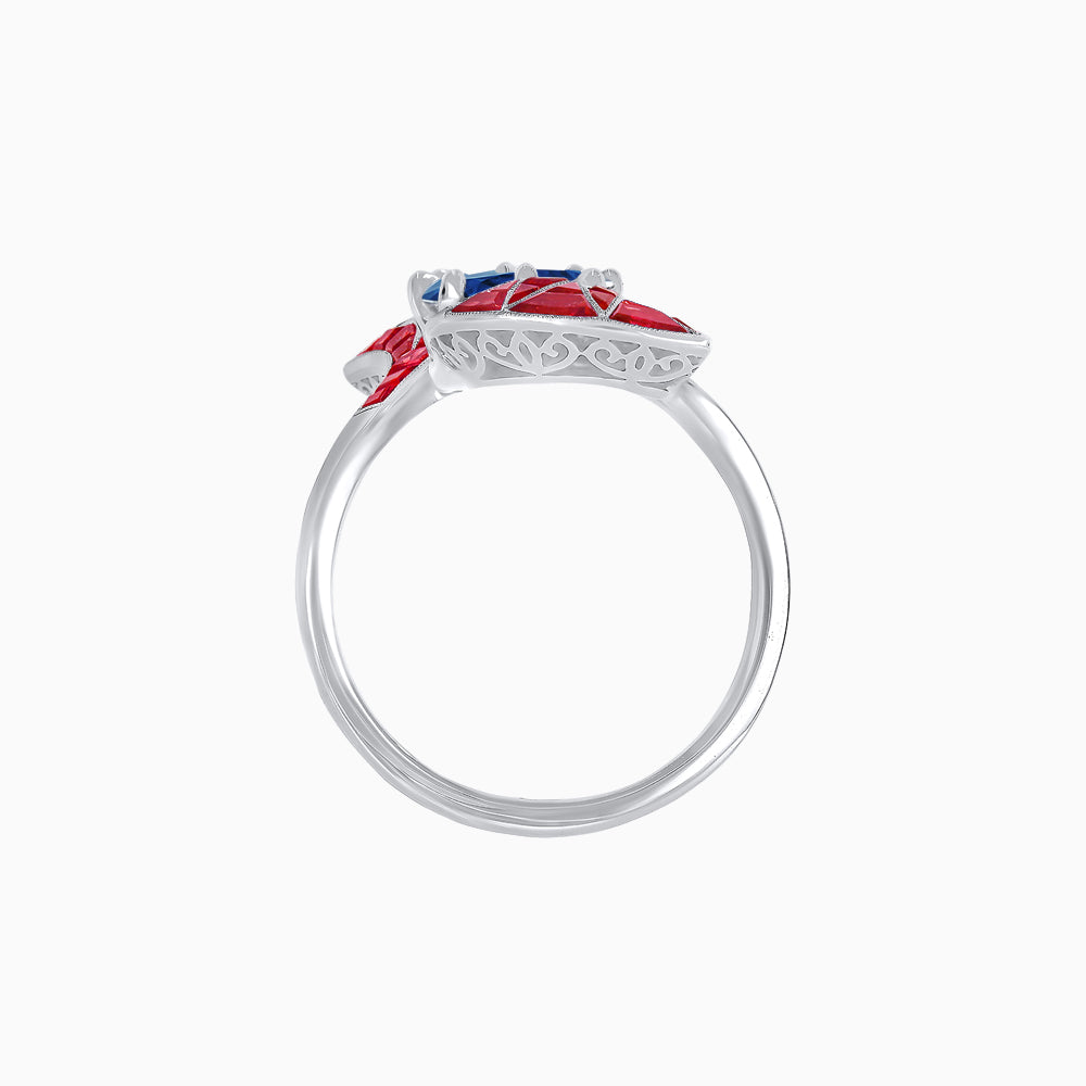Art Deco Style Fan Motif Ring with Round Center Stone and Calibre-Cut Gemstone Accents