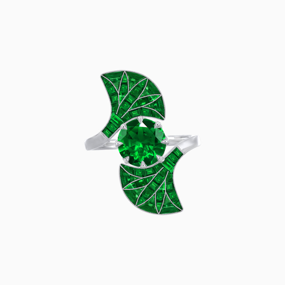 Art Deco Style Fan Motif Ring with Round Center Stone and Calibre-Cut Gemstone Accents