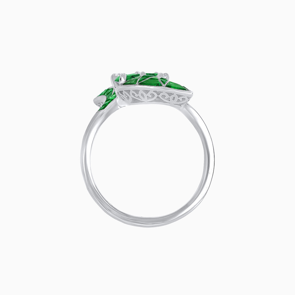 Art Deco Style Fan Motif Ring with Round Center Stone and Calibre-Cut Gemstone Accents
