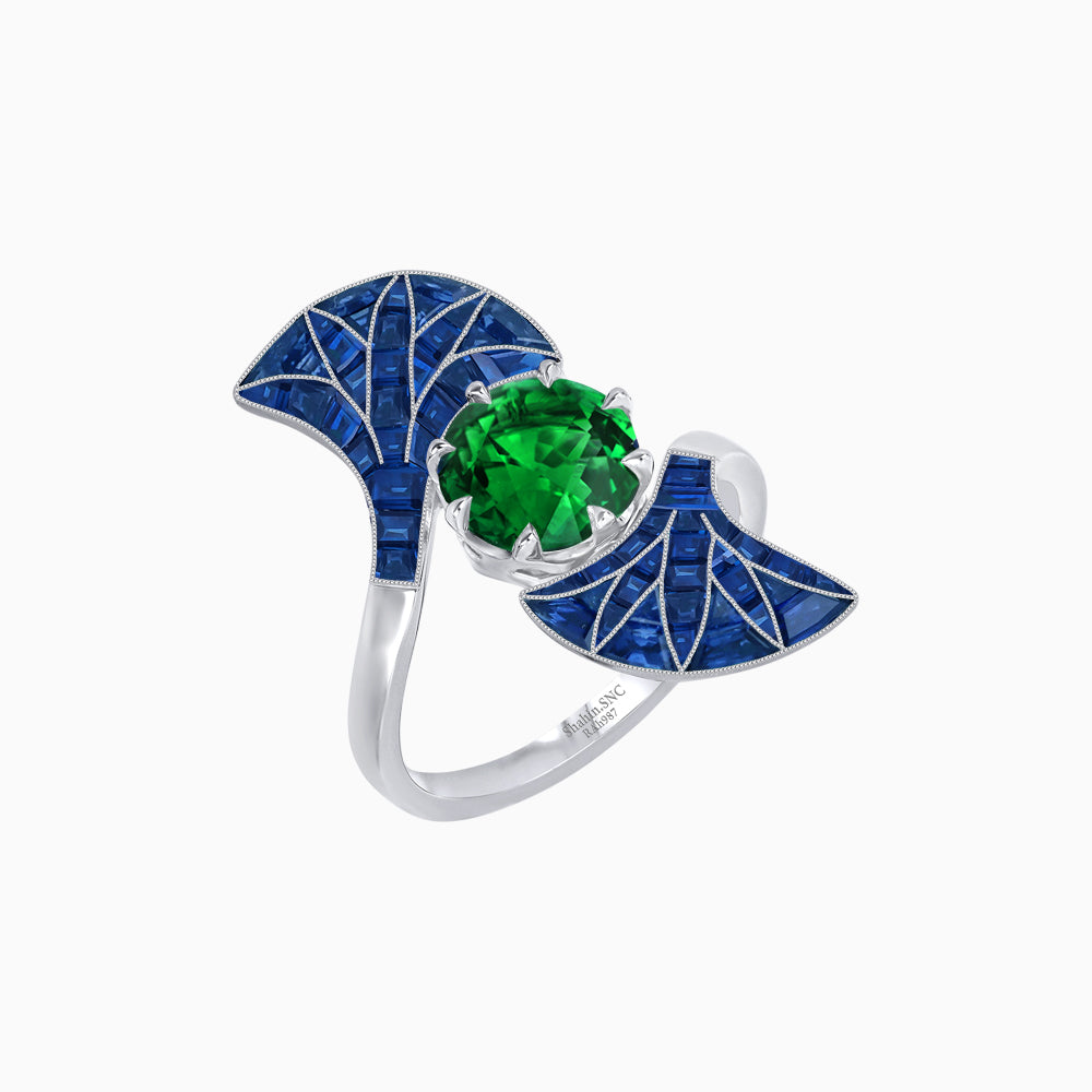 Art Deco Style Fan Motif Ring with Round Center Stone and Calibre-Cut Gemstone Accents