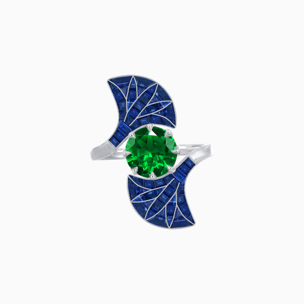 Art Deco Style Fan Motif Ring with Round Center Stone and Calibre-Cut Gemstone Accents