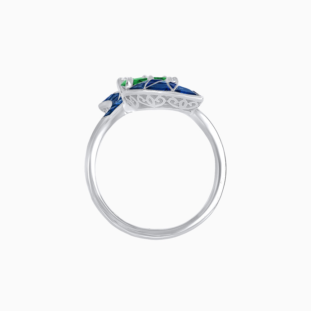 Art Deco Style Fan Motif Ring with Round Center Stone and Calibre-Cut Gemstone Accents