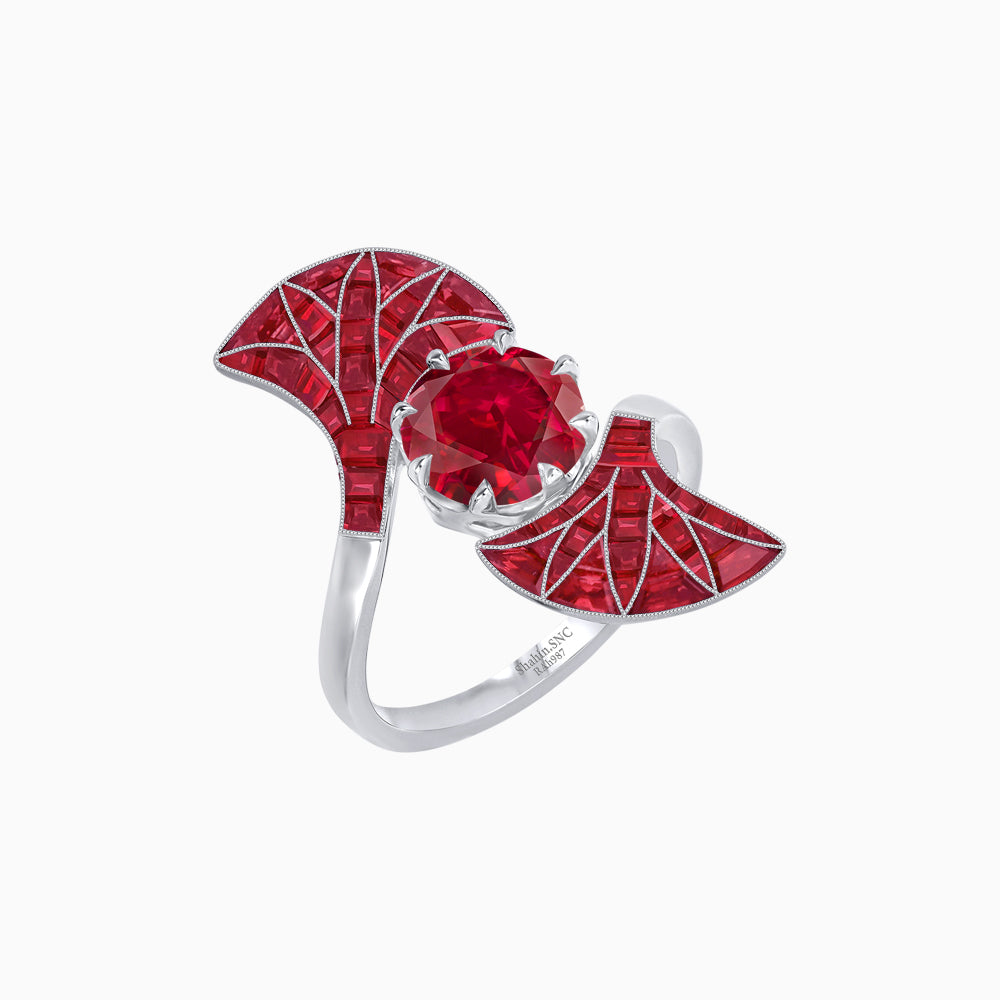 Art Deco Style Fan Motif Ring with Round Center Stone and Calibre-Cut Gemstone Accents