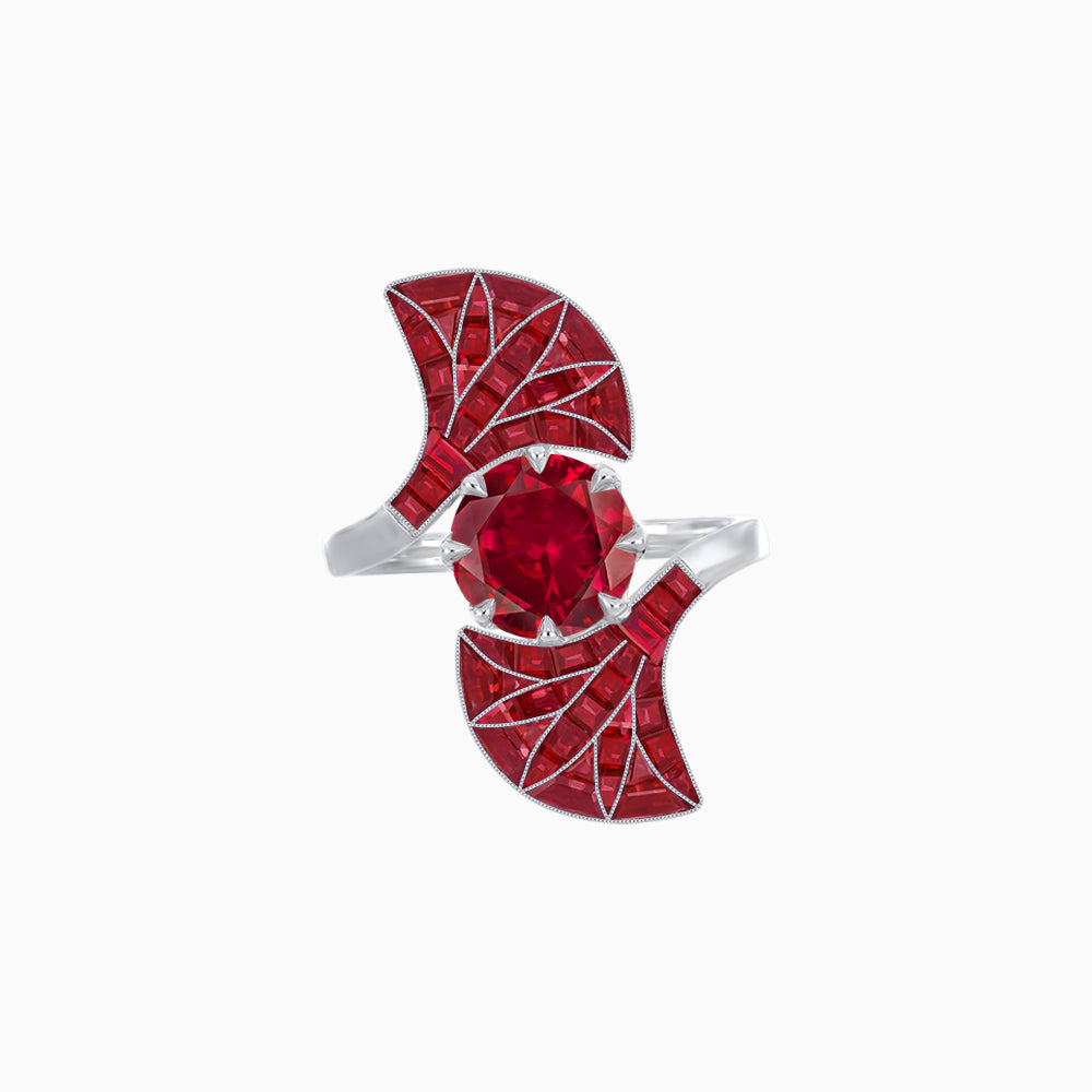 Art Deco Style Fan Motif Ring with Round Center Stone and Calibre-Cut Gemstone Accents
