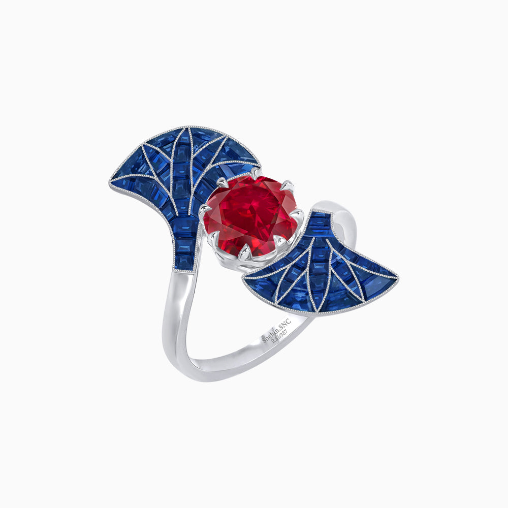 Art Deco Style Fan Motif Ring with Round Center Stone and Calibre-Cut Gemstone Accents