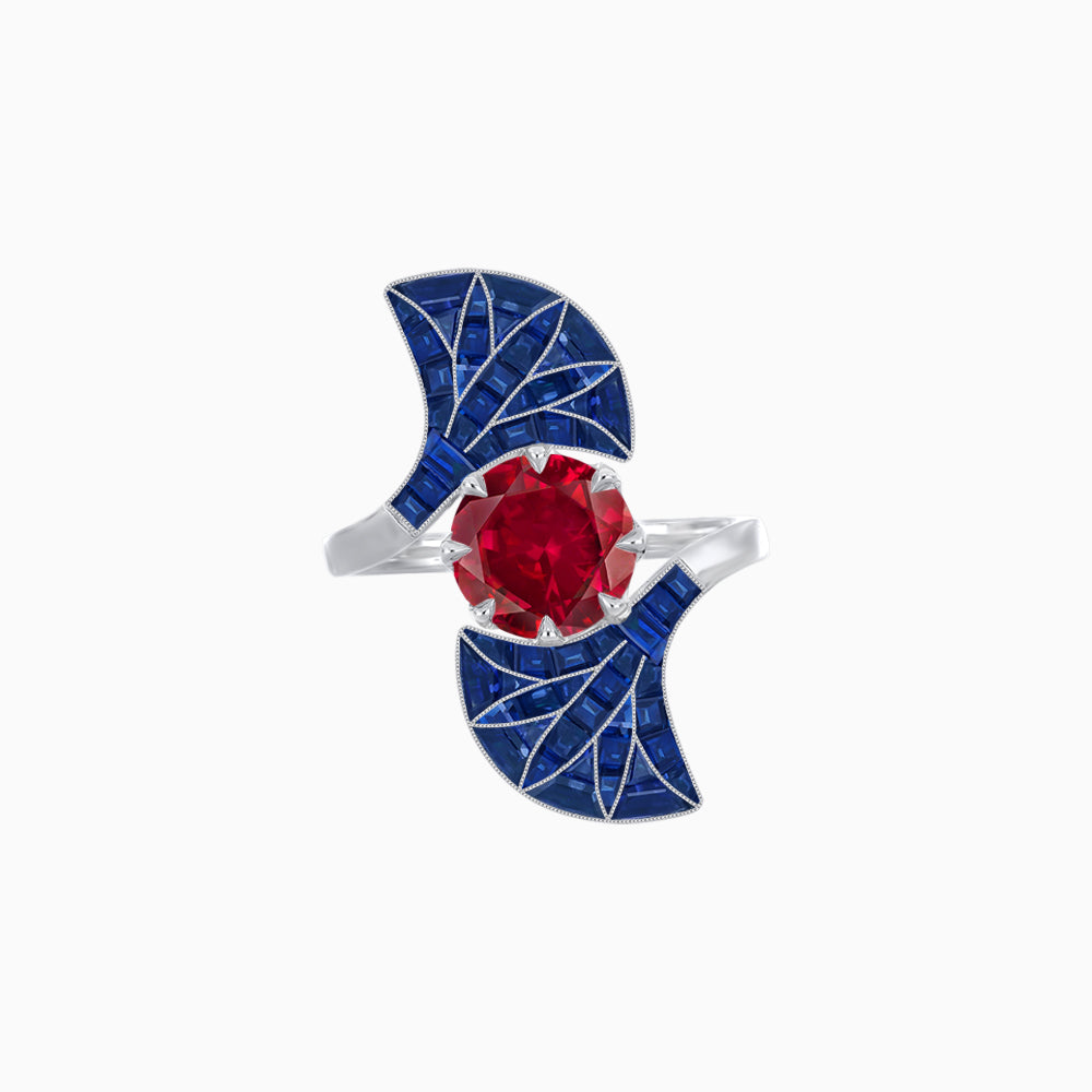 Art Deco Style Fan Motif Ring with Round Center Stone and Calibre-Cut Gemstone Accents