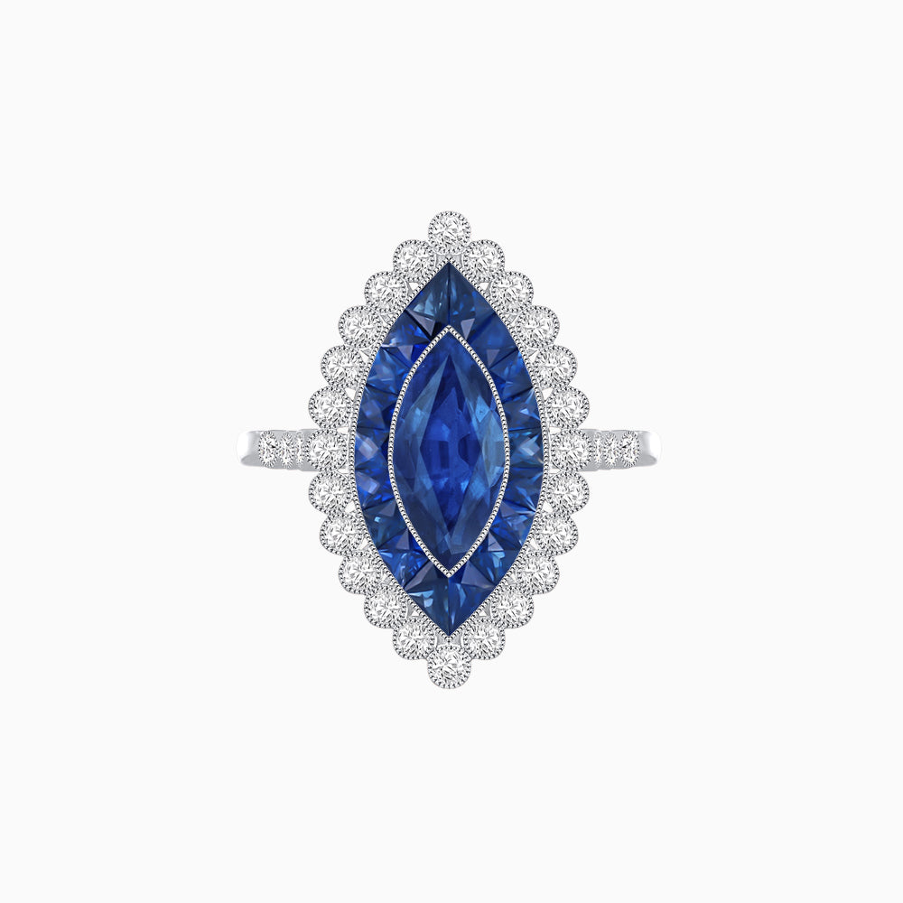 Vintage Style Marquise Ring with French-Cut Gemstone Halo and Scalloped Diamond Border