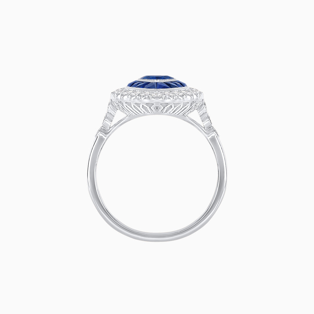 Vintage Style Marquise Ring with French-Cut Gemstone Halo and Scalloped Diamond Border
