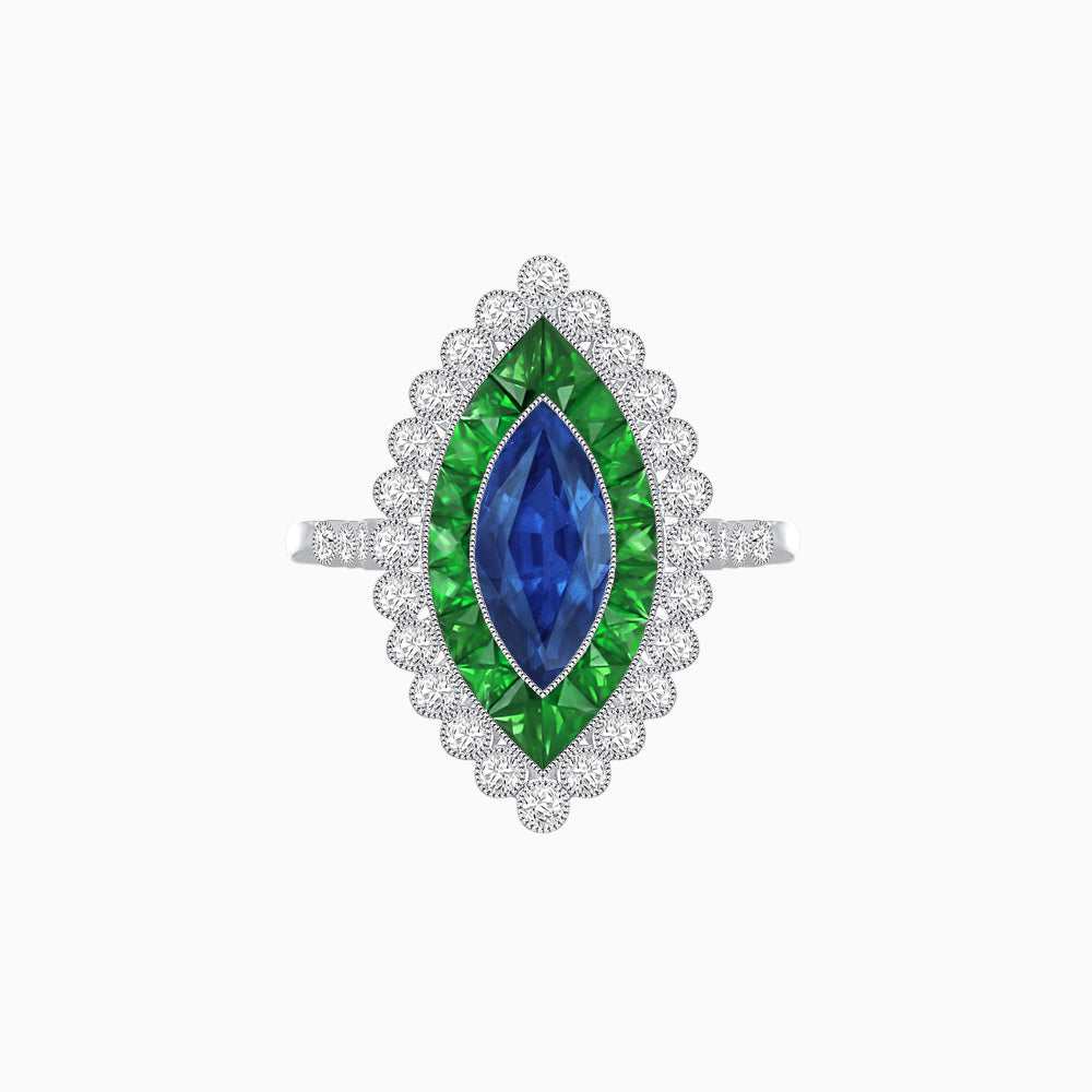 Vintage Style Marquise Ring with French-Cut Gemstone Halo and Scalloped Diamond Border
