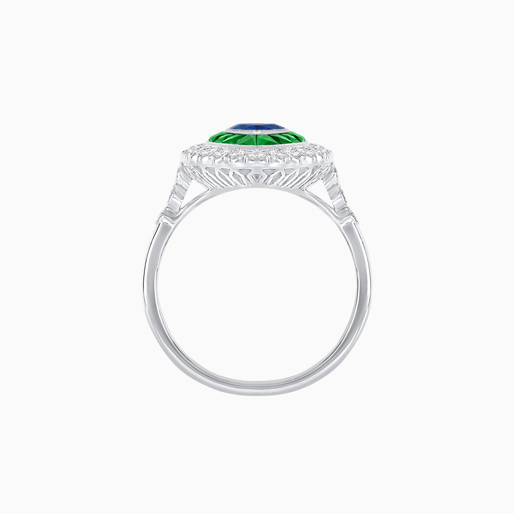 Vintage Style Marquise Ring with French-Cut Gemstone Halo and Scalloped Diamond Border