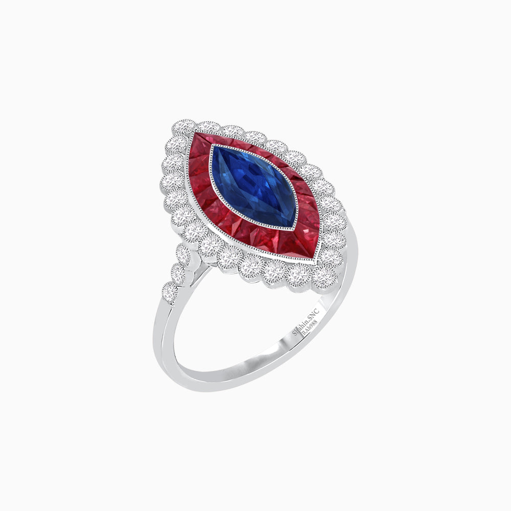 Vintage Style Marquise Ring with French-Cut Gemstone Halo and Scalloped Diamond Border