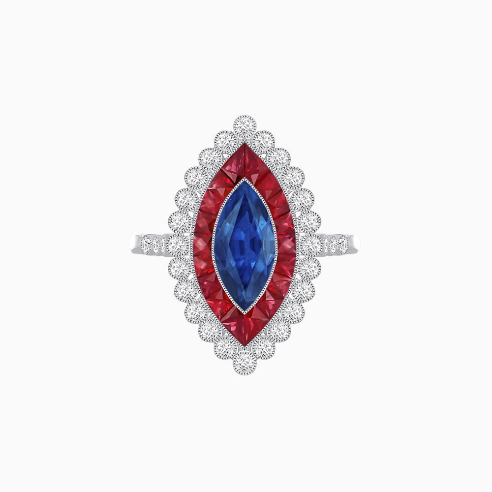 Vintage Style Marquise Ring with French-Cut Gemstone Halo and Scalloped Diamond Border