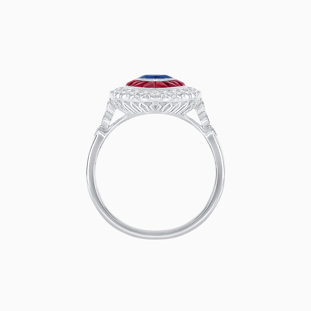 Vintage Style Marquise Ring with French-Cut Gemstone Halo and Scalloped Diamond Border