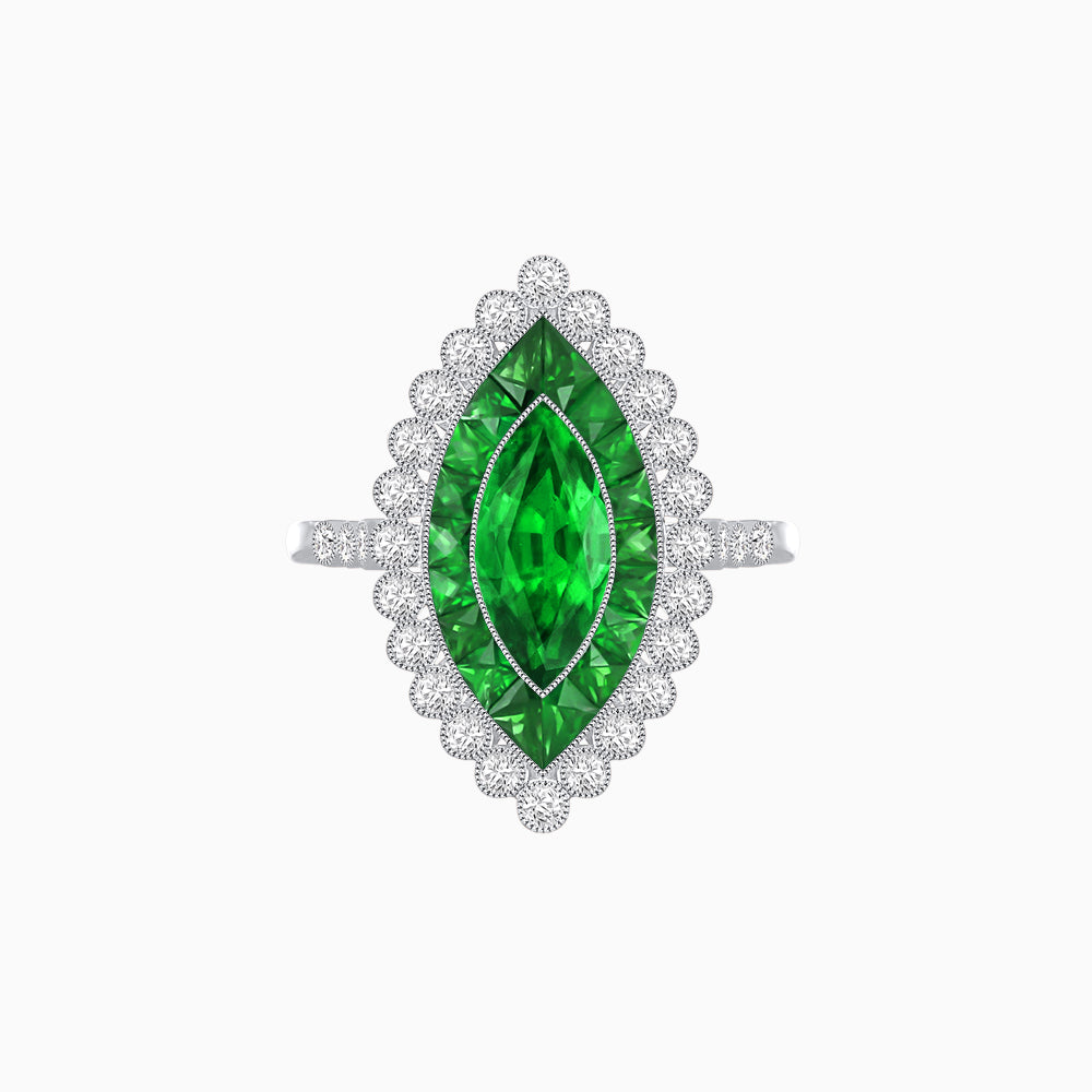 Vintage Style Marquise Ring with French-Cut Gemstone Halo and Scalloped Diamond Border