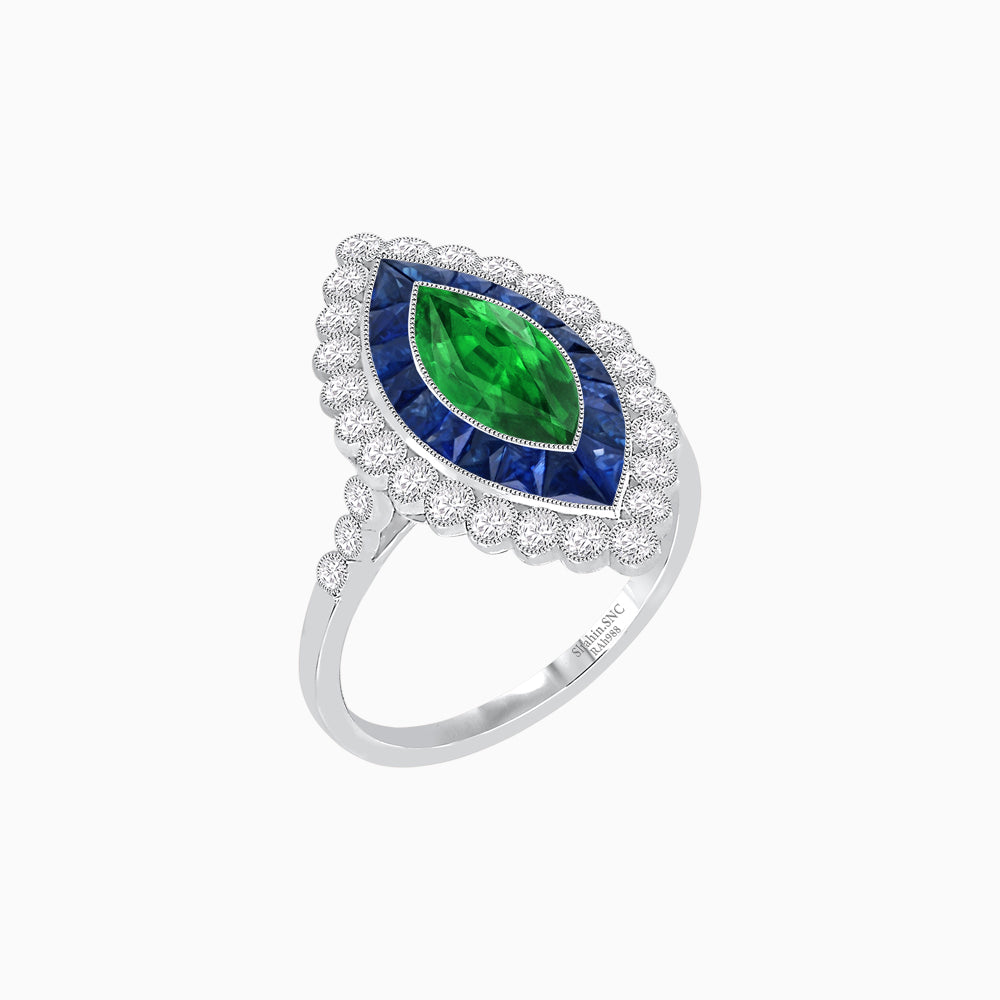 Vintage Style Marquise Ring with French-Cut Gemstone Halo and Scalloped Diamond Border