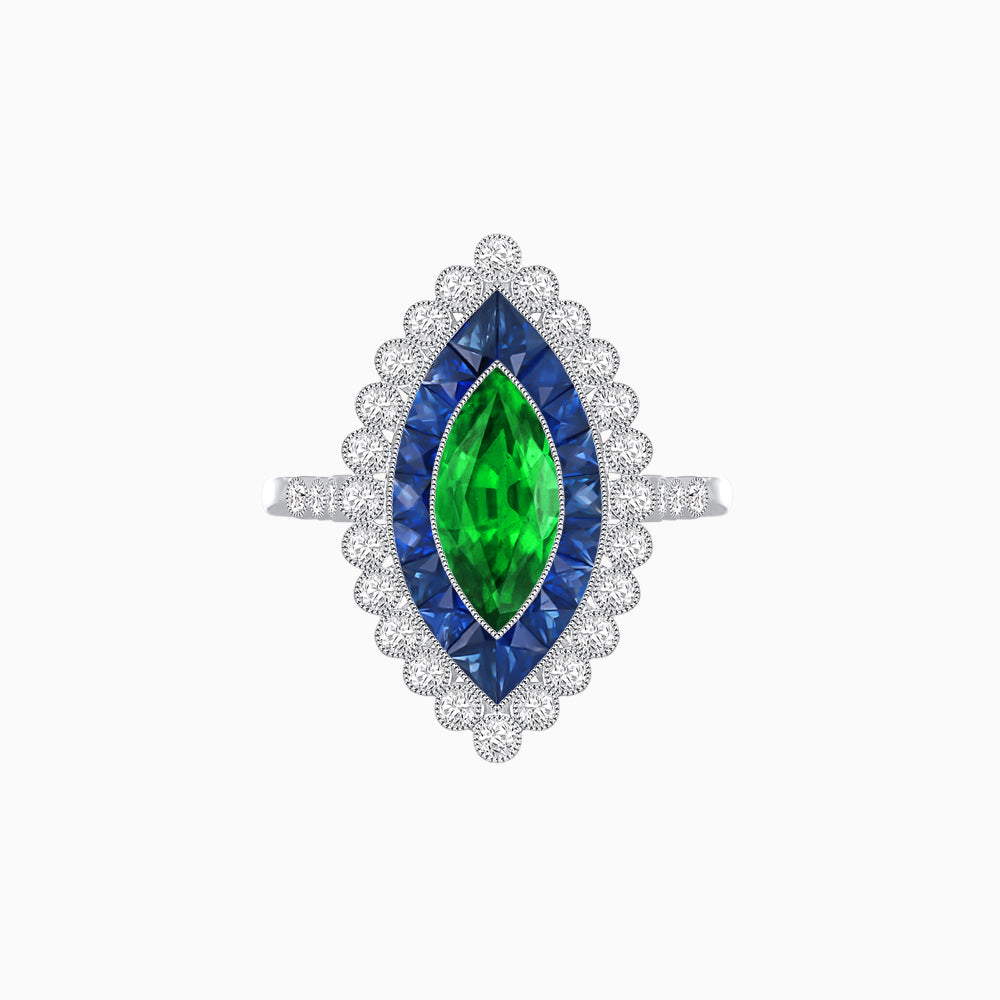 Vintage Style Marquise Ring with French-Cut Gemstone Halo and Scalloped Diamond Border
