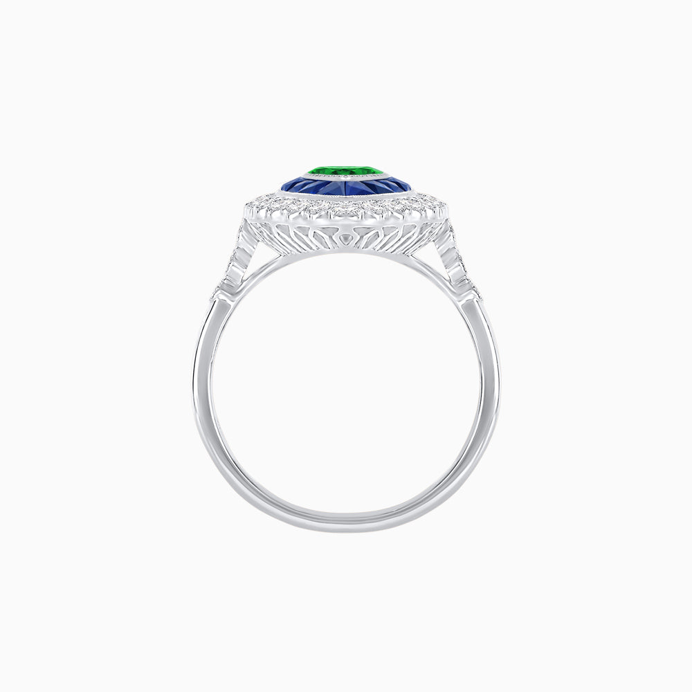 Vintage Style Marquise Ring with French-Cut Gemstone Halo and Scalloped Diamond Border