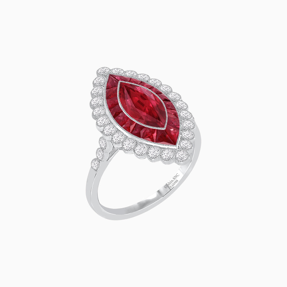 Vintage Style Marquise Ring with French-Cut Gemstone Halo and Scalloped Diamond Border