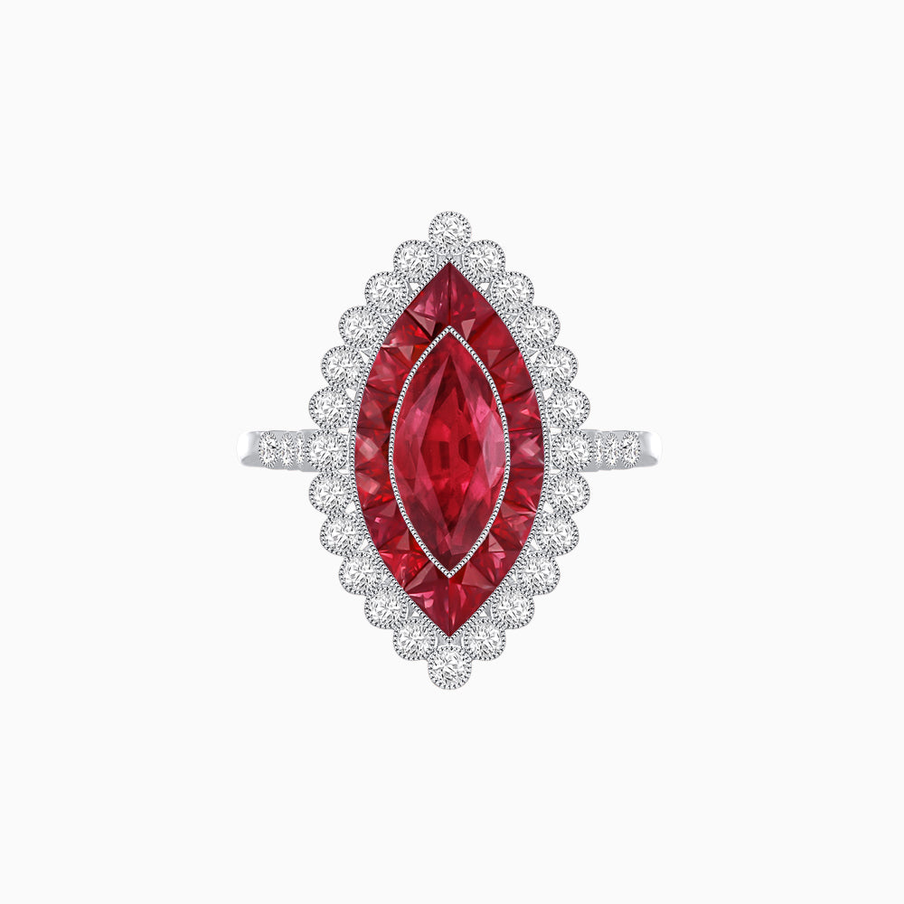 Vintage Style Marquise Ring with French-Cut Gemstone Halo and Scalloped Diamond Border