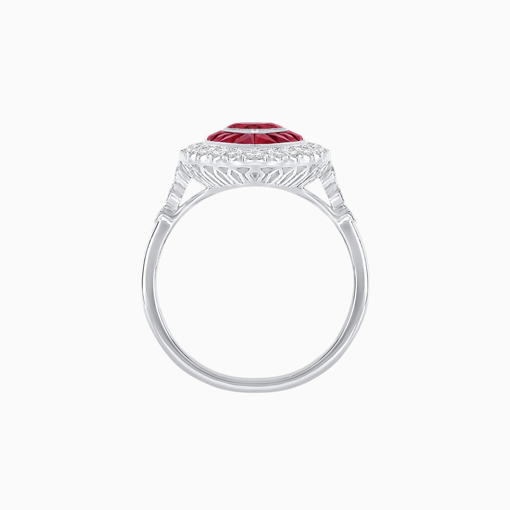 Vintage Style Marquise Ring with French-Cut Gemstone Halo and Scalloped Diamond Border