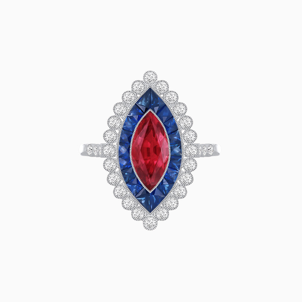 Vintage Style Marquise Ring with French-Cut Gemstone Halo and Scalloped Diamond Border