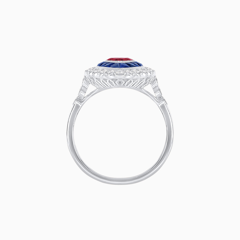 Vintage Style Marquise Ring with French-Cut Gemstone Halo and Scalloped Diamond Border