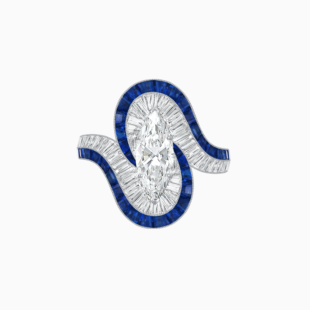 Art Deco Style Marquise Cut Wave Ring Mounting with Baguette Diamonds and Calibre-Cut Gemstones