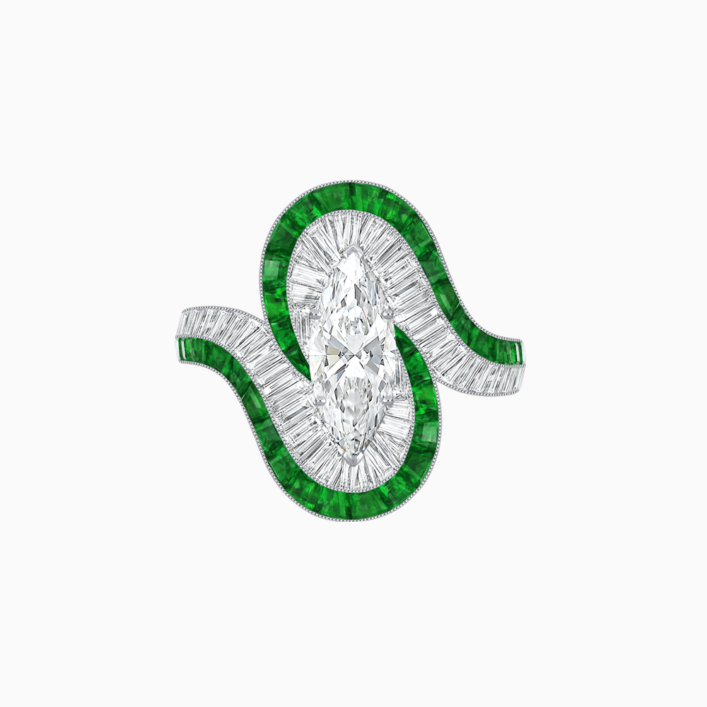 Art Deco Style Marquise Cut Wave Ring Mounting with Baguette Diamonds and Calibre-Cut Gemstones