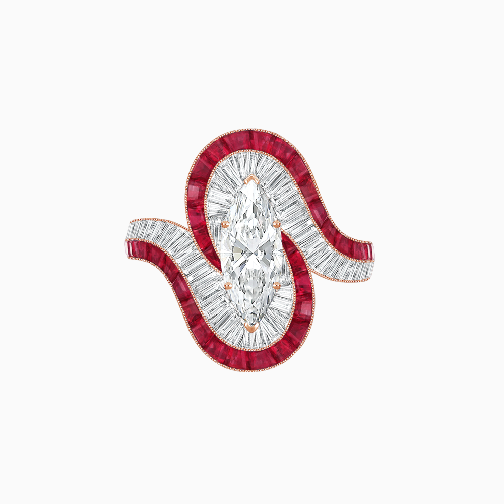 Art Deco Style Marquise Cut Wave Ring Mounting with Baguette Diamonds and Calibre-Cut Gemstones