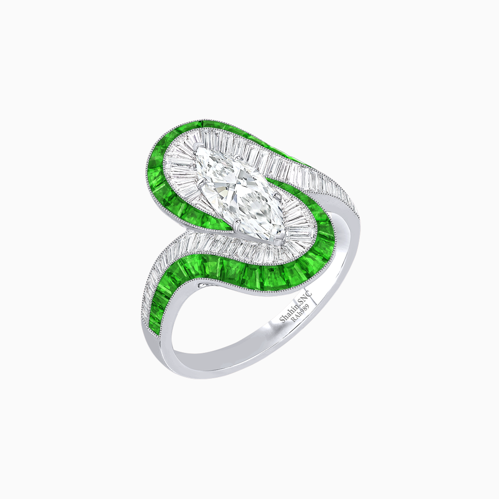 Art Deco Style Marquise Cut Wave Ring Mounting with Baguette Diamonds and Calibre-Cut Gemstones