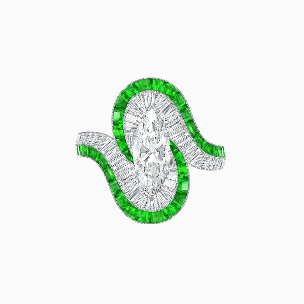 Art Deco Style Marquise Cut Wave Ring Mounting with Baguette Diamonds and Calibre-Cut Gemstones