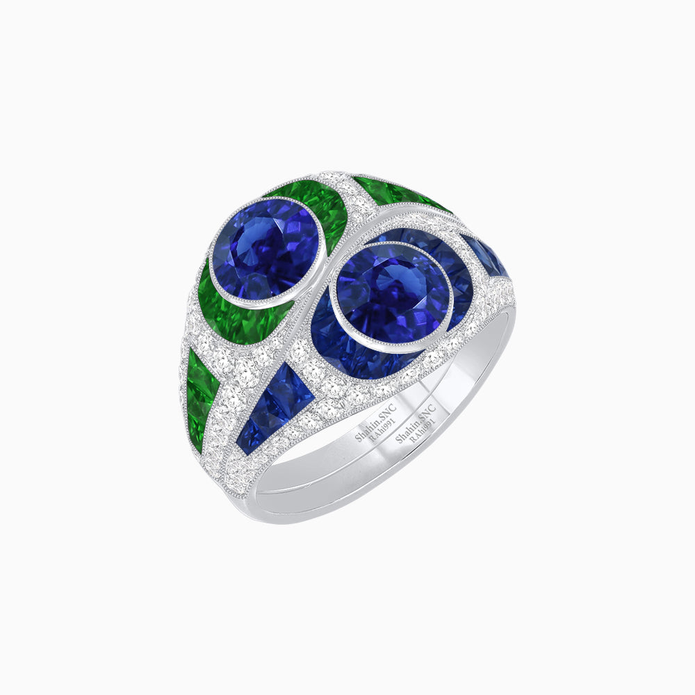 Art Deco Style Two-Ring Set with Round Center Stones and French-Cut Gemstone Accents