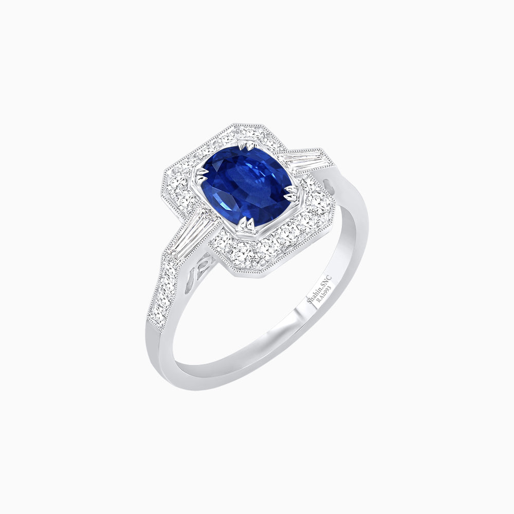 Art Deco Oval Cut Gemstone Ring with Diamond Halo and Baguette Accents