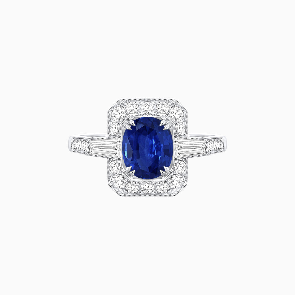 Art Deco Oval Cut Gemstone Ring with Diamond Halo and Baguette Accents