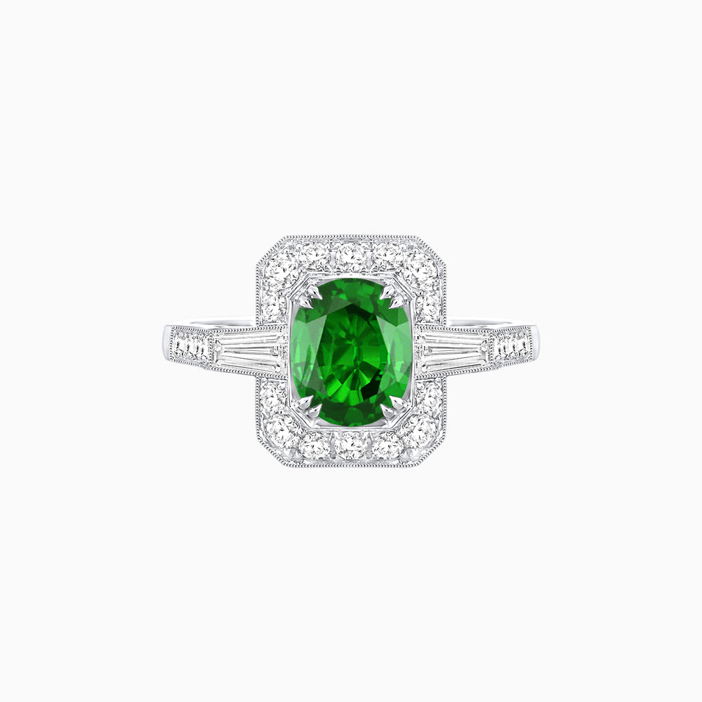 Art Deco Oval Cut Gemstone Ring with Diamond Halo and Baguette Accents