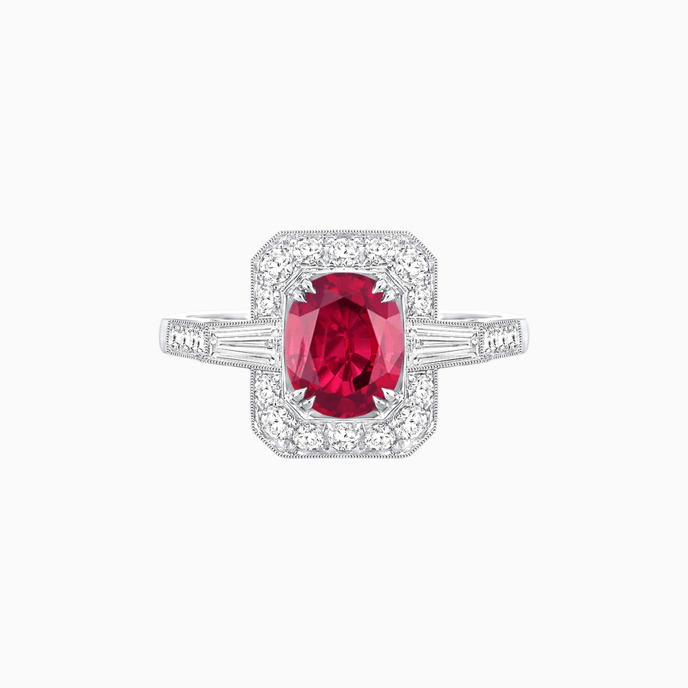 Art Deco Oval Cut Gemstone Ring with Diamond Halo and Baguette Accents