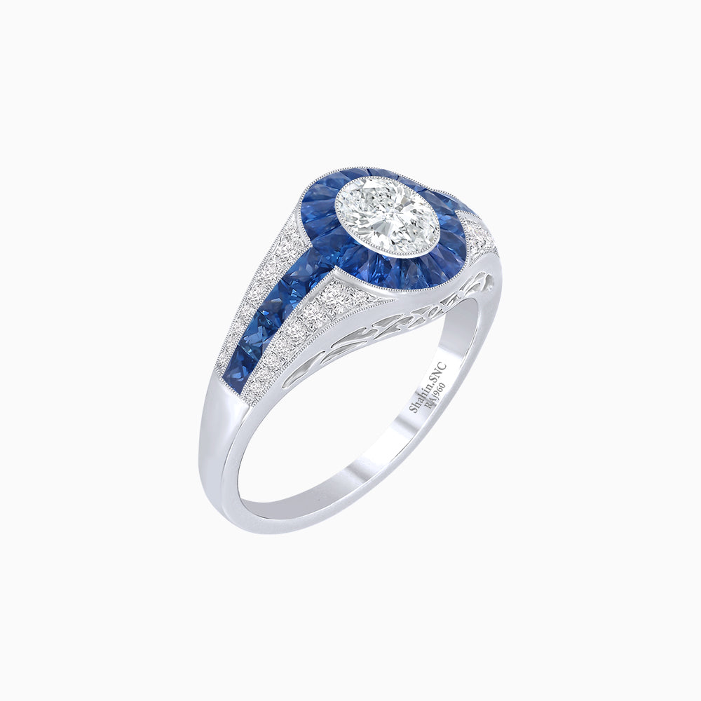 Art Deco Inspired Oval Cut Ring with Calibré Gemstone Halo and Diamond Accents