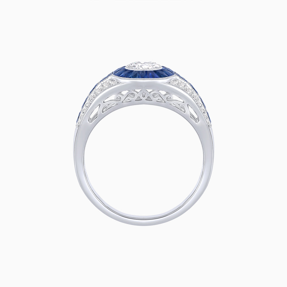 Art Deco Inspired Oval Cut Ring with Calibré Gemstone Halo and Diamond Accents