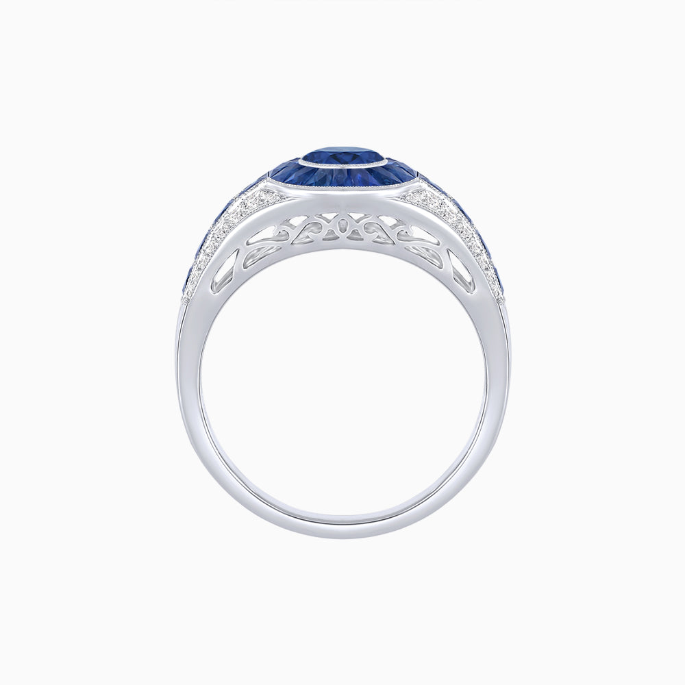 Art Deco Inspired Oval Cut Ring with Calibré Gemstone Halo and Diamond Accents