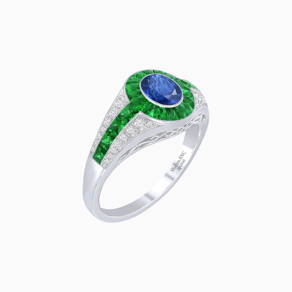 Art Deco Inspired Oval Cut Ring with Calibré Gemstone Halo and Diamond Accents