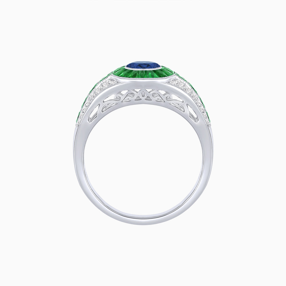 Art Deco Inspired Oval Cut Ring with Calibré Gemstone Halo and Diamond Accents