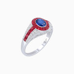 Load image into Gallery viewer, Art Deco Inspired Oval Cut Ring with Calibré Gemstone Halo and Diamond Accents