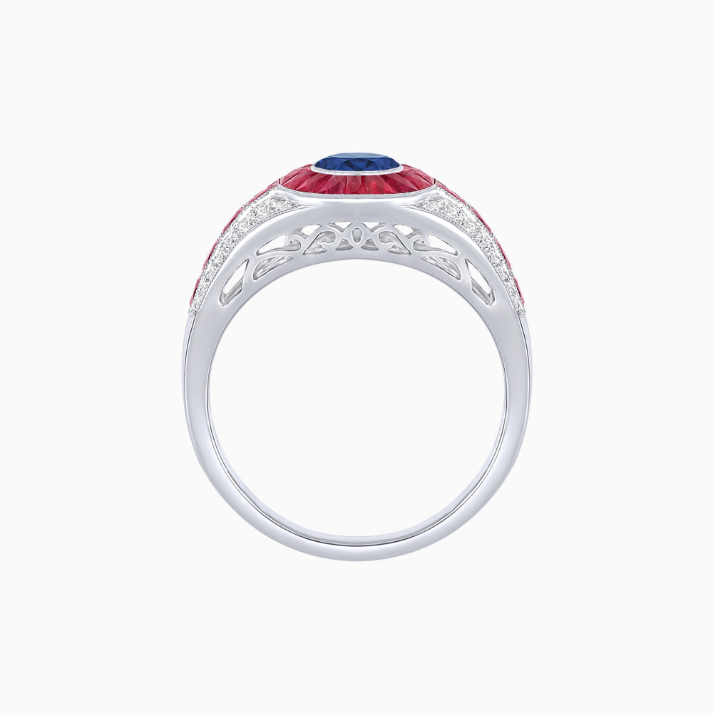 Art Deco Inspired Oval Cut Ring with Calibré Gemstone Halo and Diamond Accents