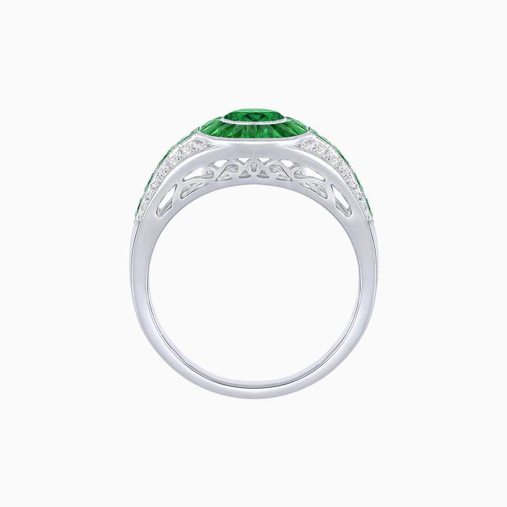 Art Deco Inspired Oval Cut Ring with Calibré Gemstone Halo and Diamond Accents