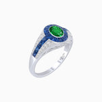 Load image into Gallery viewer, Art Deco Inspired Oval Cut Ring with Calibré Gemstone Halo and Diamond Accents